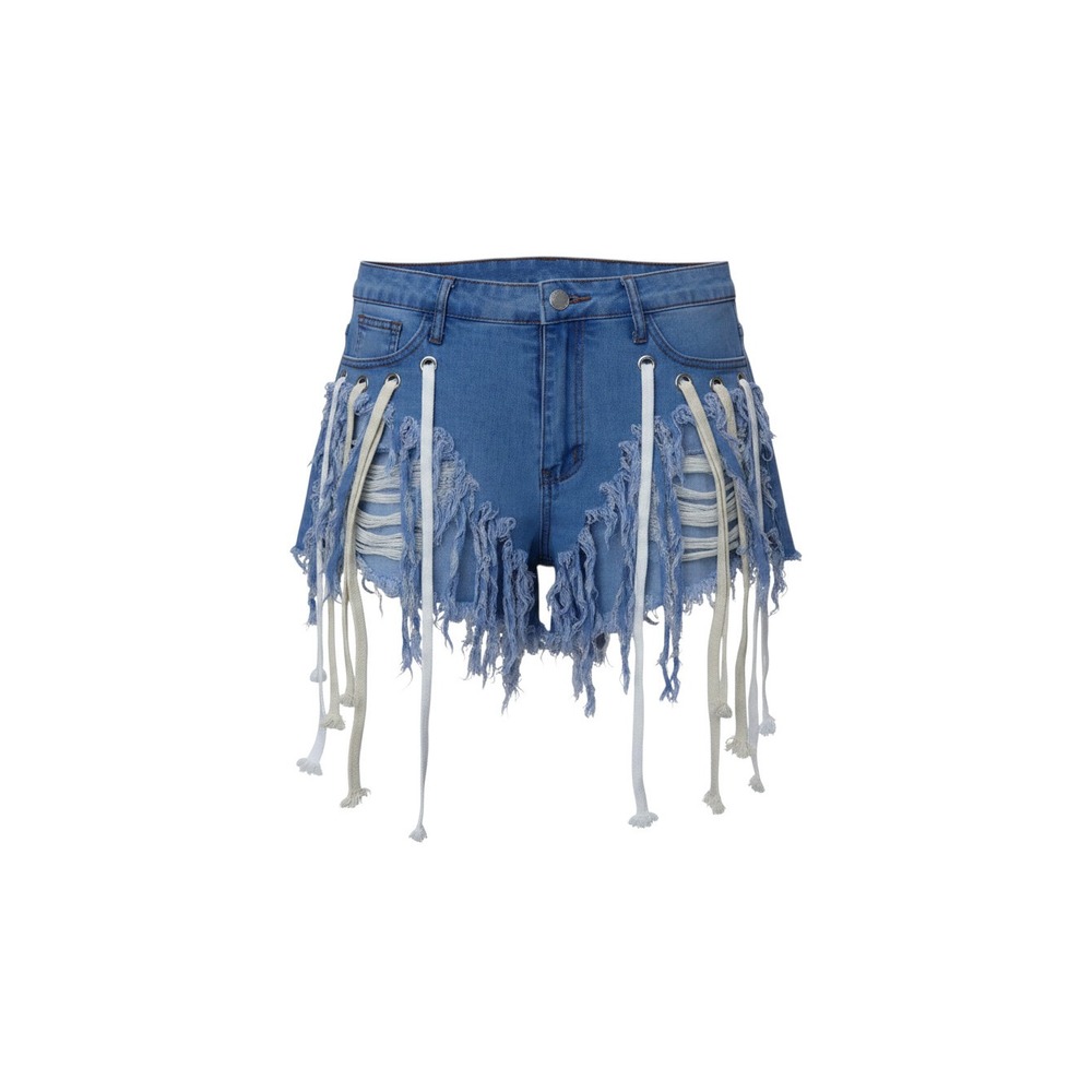 Love Highlight Denim Shorts Womens L Blue Distressed Rope Tassels P228